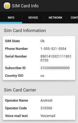 SIM Card Info - Tabblad INFO